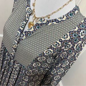 Easel Women S Tunic Blue and Earthtone 3/4 Sleeve Ruffle Boho